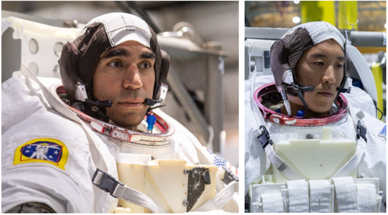 Left: NASA astronaut Raja J. Chari during spacewalk training for his upcoming Crew-3 mission. Middle: NASA astronaut Jonny Y. Kim during spacewalk training. Credits: NASA